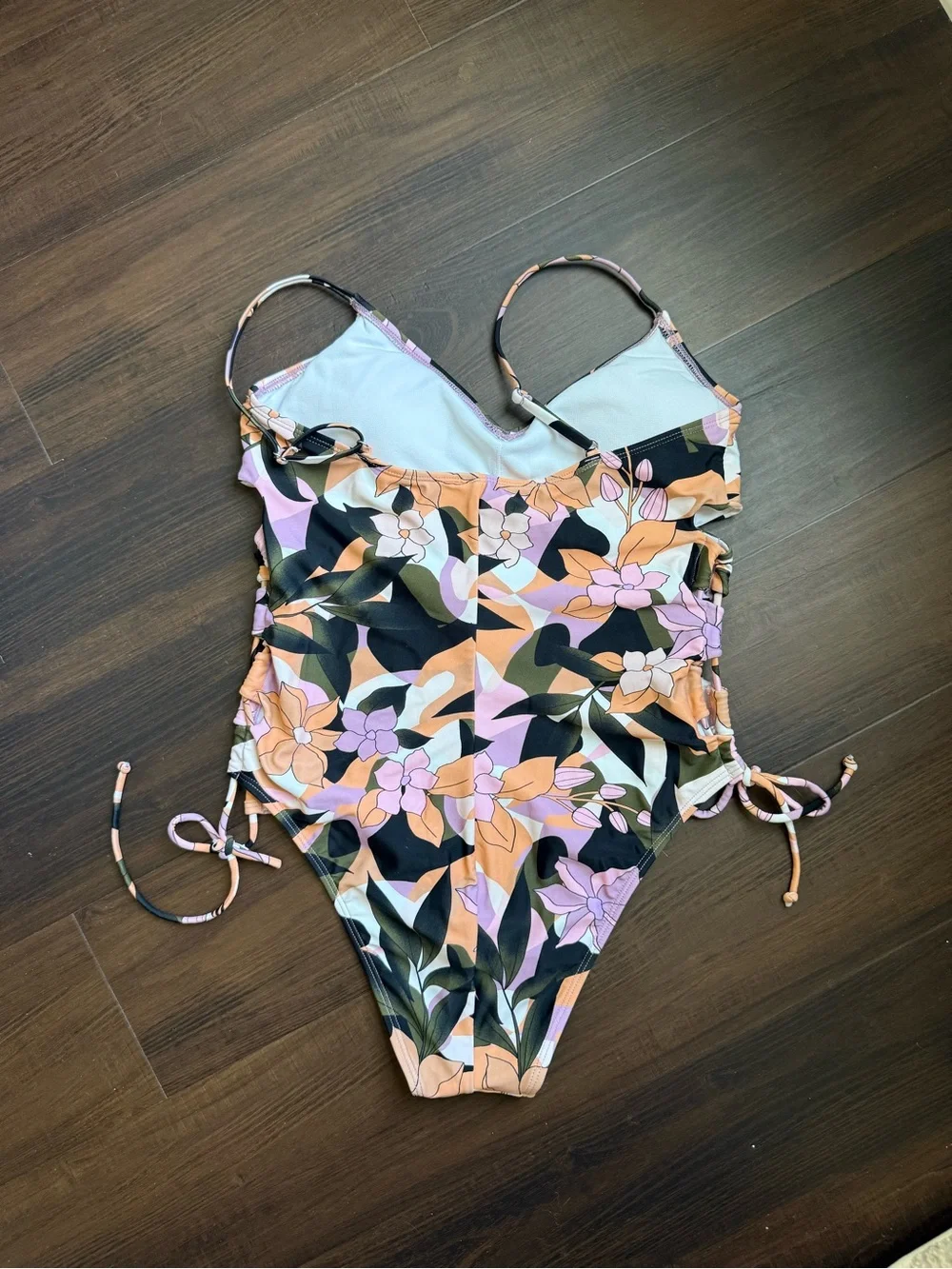 Salt + Cove Girls' Floral One-Piece Swimsuit in Peach, Lavender & Black
